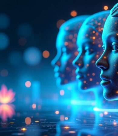 An abstract digital illustration showing AI-powered hyper-personalization transforming marketing, with glowing data lines connecting user profiles and AI interfaces, set against a subtle futuristic Indian urban backdrop, representing digital marketing in 2025.