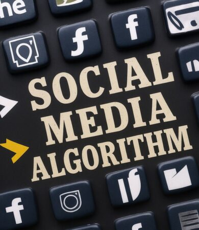 Futuristic 2025 social media algorithms icons (Instagram, Facebook, YouTube, LinkedIn), highlighting engagement metrics like likes, comments, and shares.