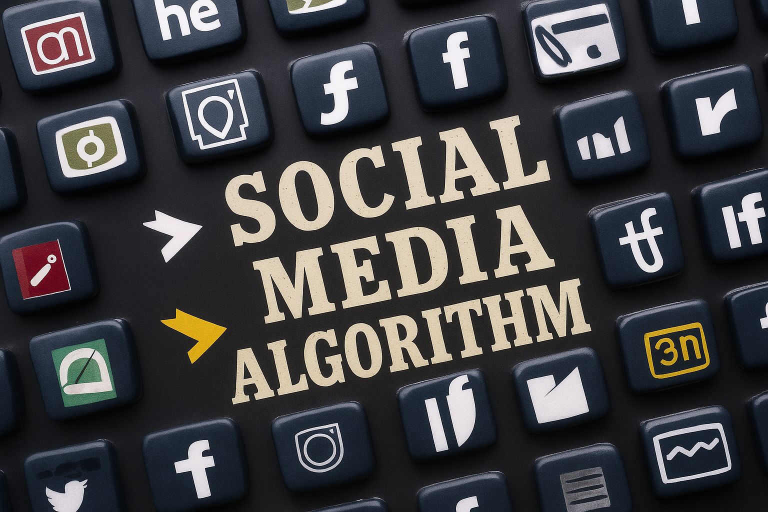 Futuristic 2025 social media algorithms icons (Instagram, Facebook, YouTube, LinkedIn), highlighting engagement metrics like likes, comments, and shares.