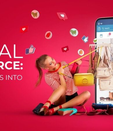 oung woman shopping online through a smartphone with handbags and shoes displayed, representing social commerce and digital shopping trends in 2025.