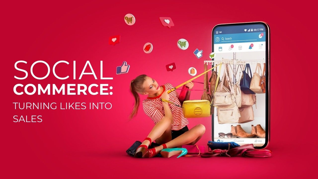 oung woman shopping online through a smartphone with handbags and shoes displayed, representing social commerce and digital shopping trends in 2025.